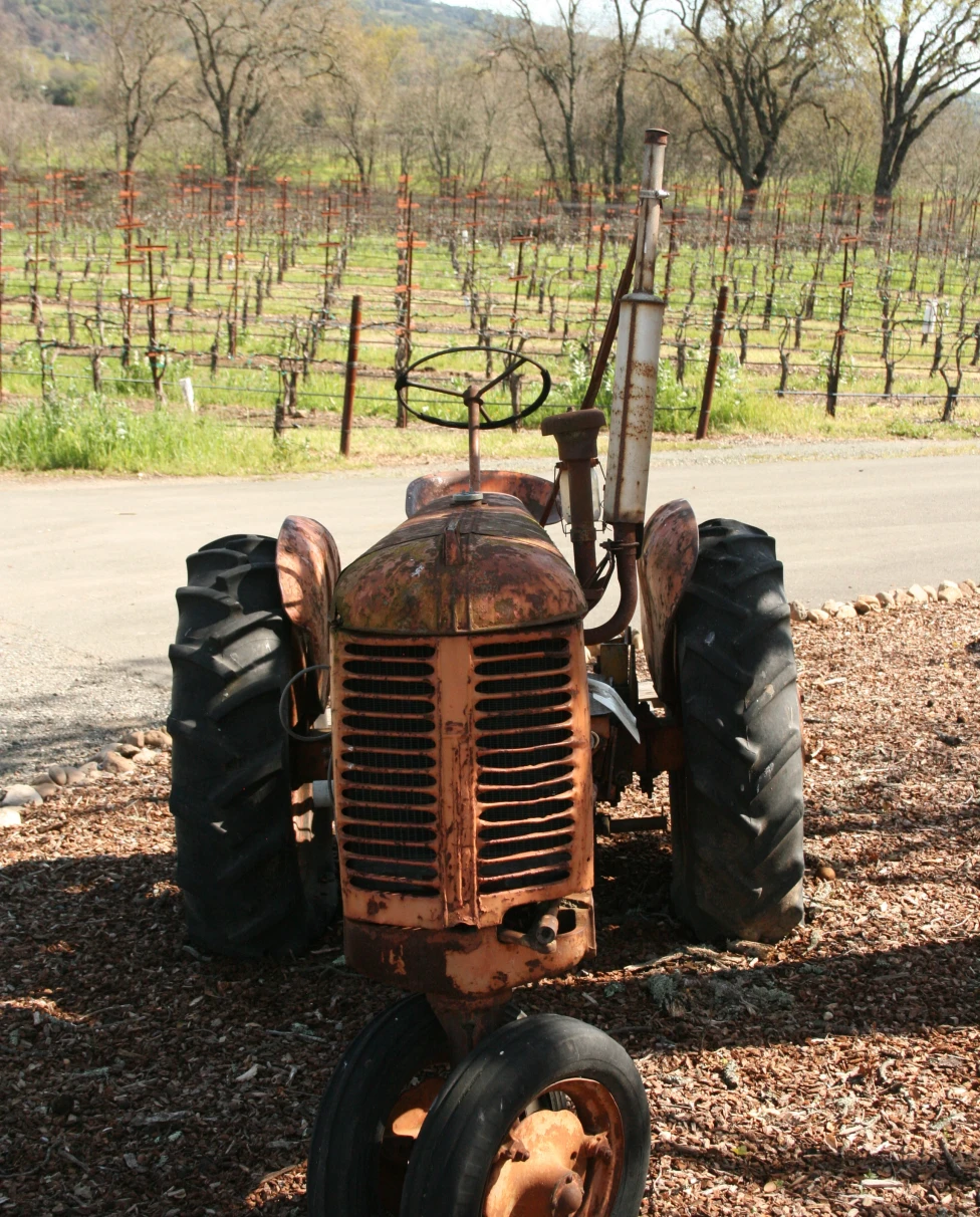 A tractor at a vineyard. 