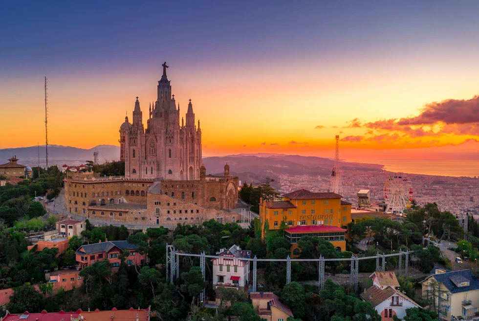 Aerial view of Barcelona city at sundown