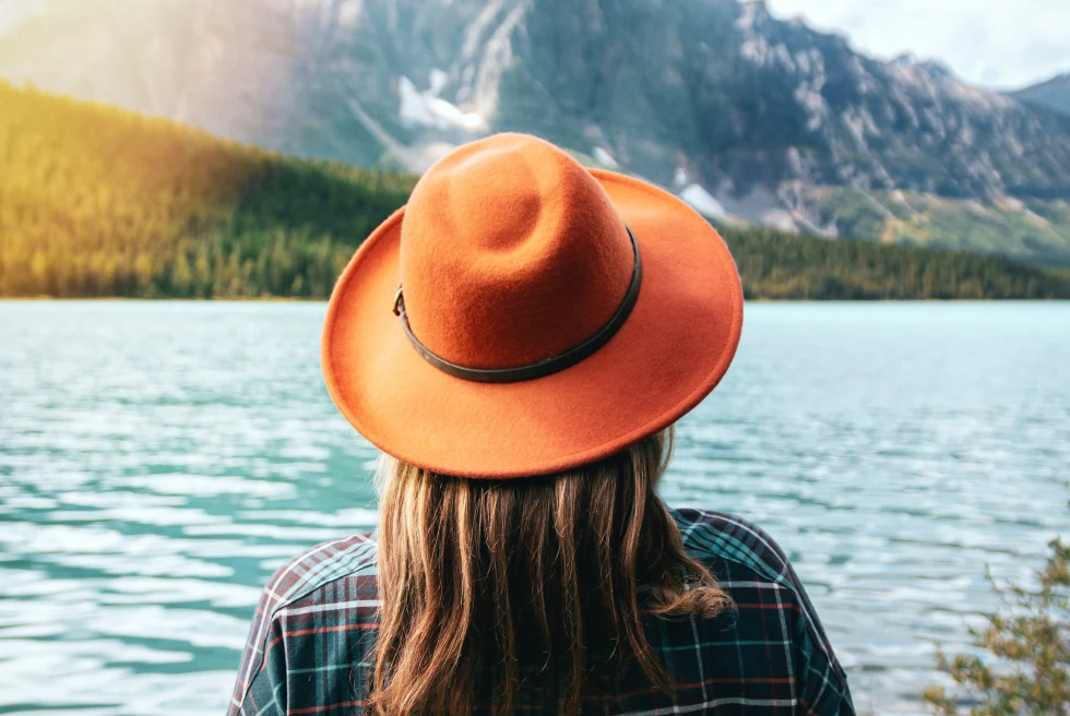A girl with orange hat in Banff. 