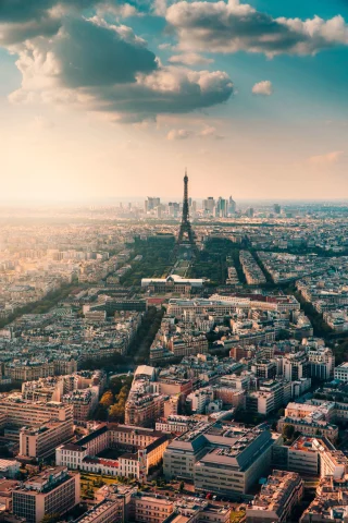 An aerial view of a city with a view of the Eiffel Tower.
