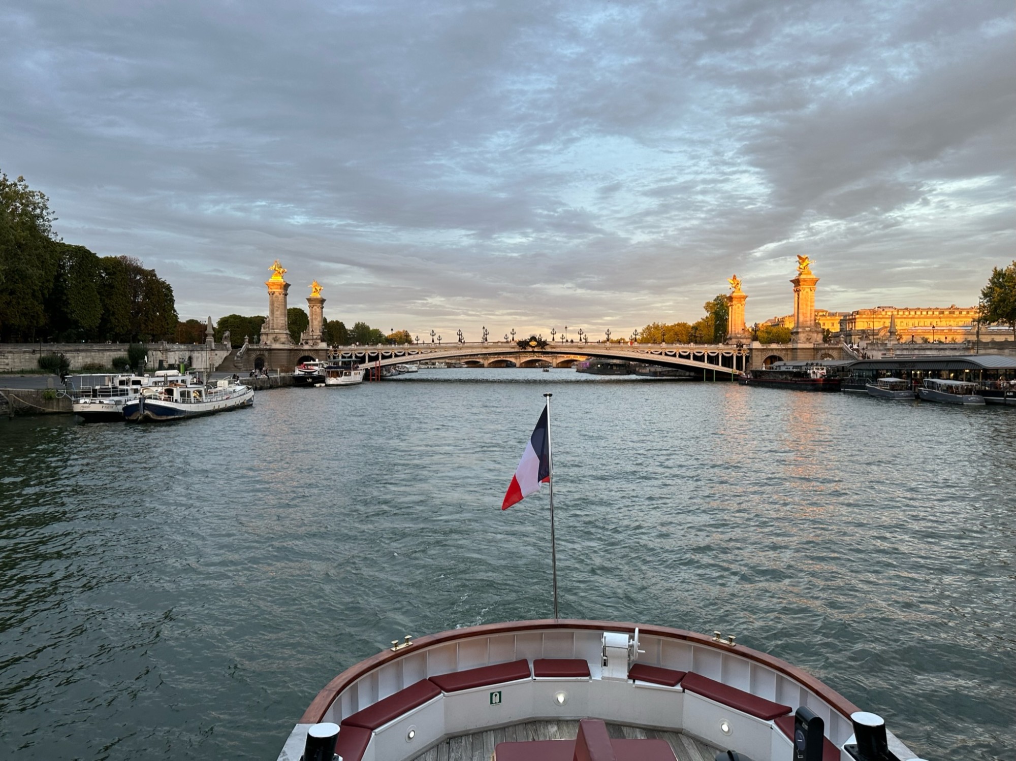 A cruise on water body and a bridge in front. 