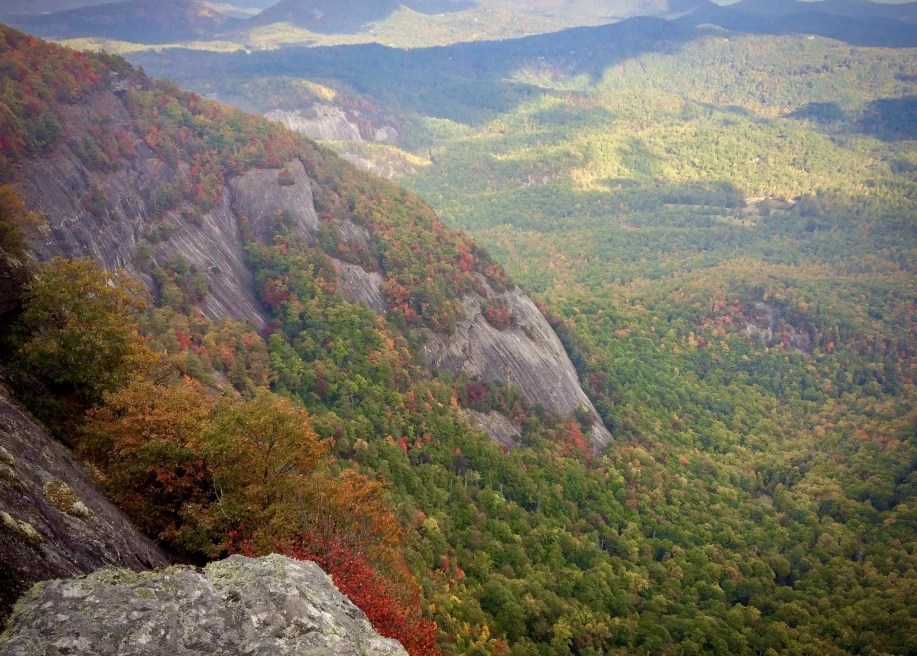 Fall foliage amongst yellow, red and orange in highlands valley from top of peak.