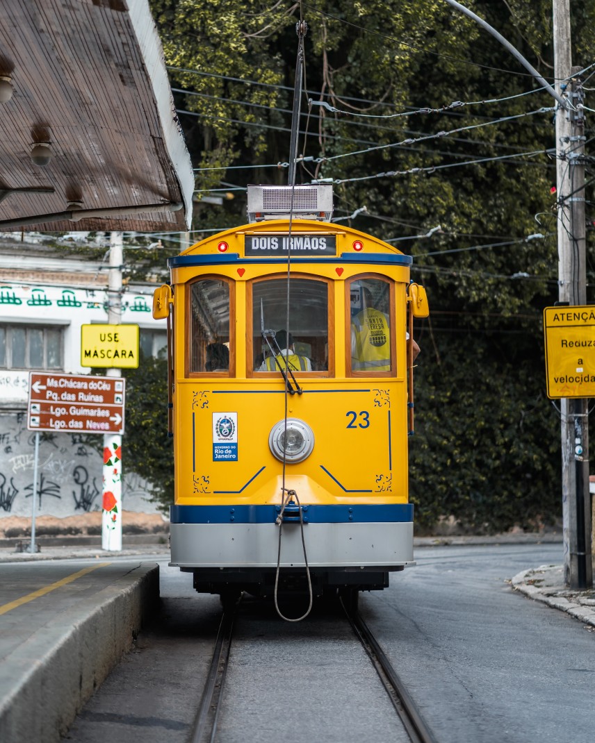 Yellow streetcar in Santa Teresa, Brazil