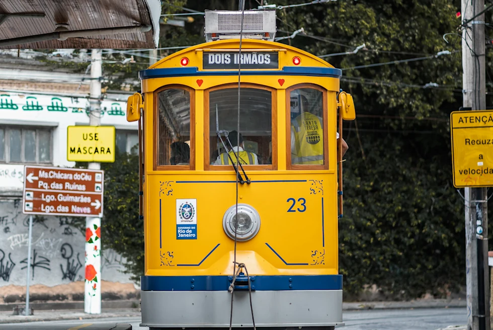 Yellow streetcar in Santa Teresa, Brazil