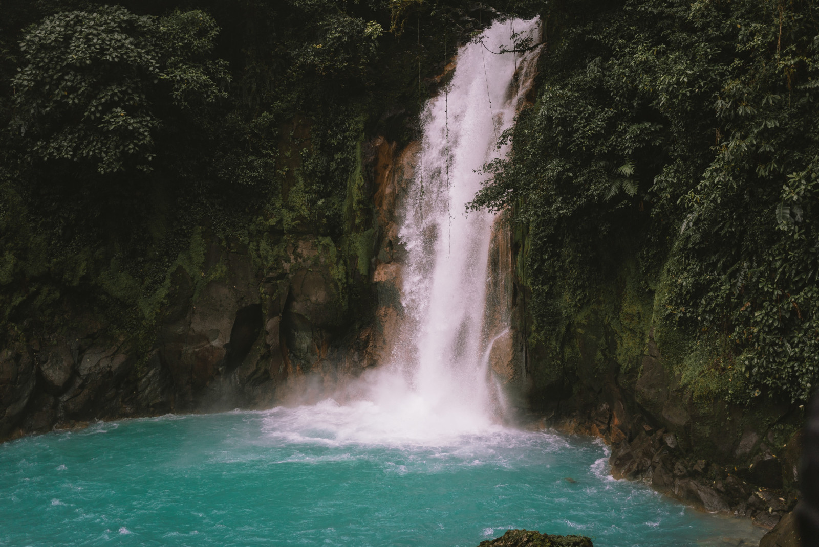 Roaring waterfall flows into blue pool surrounded by trees