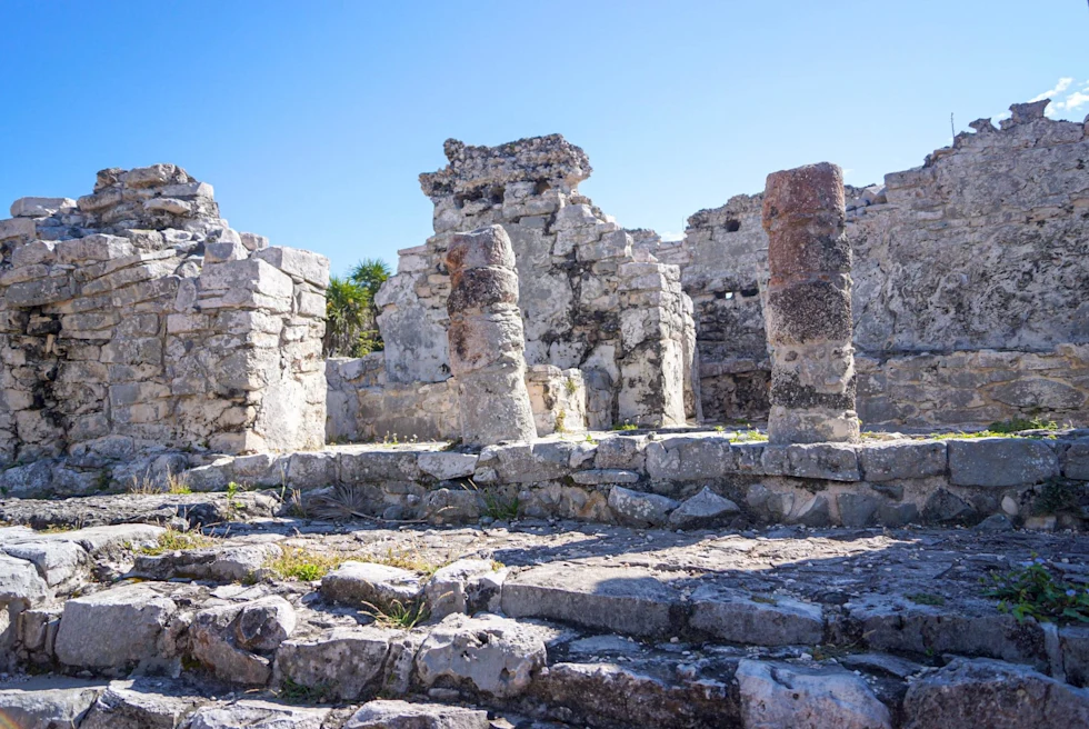 Mayan Ruins in Tulum on a bright and sunny day.