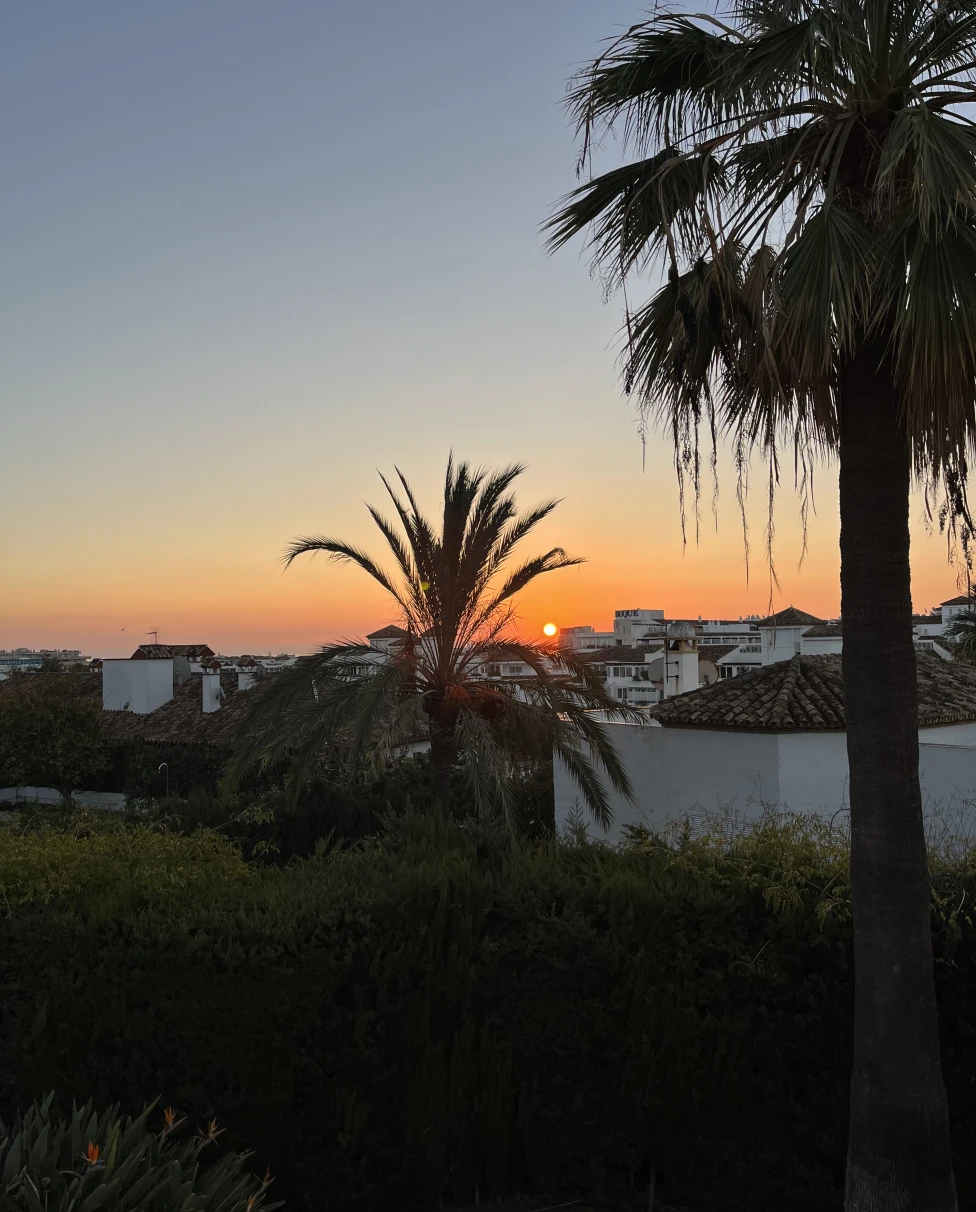House with sunset view and palm trees that extend into the distant view of an ocean side town in Spain. 
