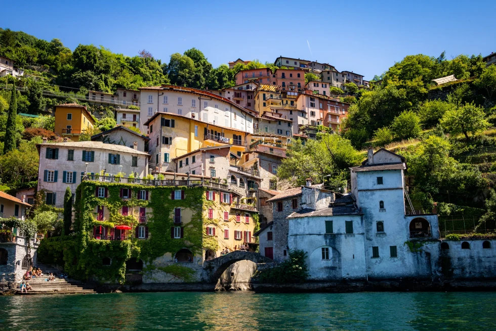 Colorful buildings on a cliffside in Italy. 