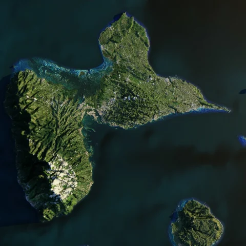 A satellite view of the Islands and the water.