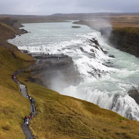 An aerial view of a large waterfall