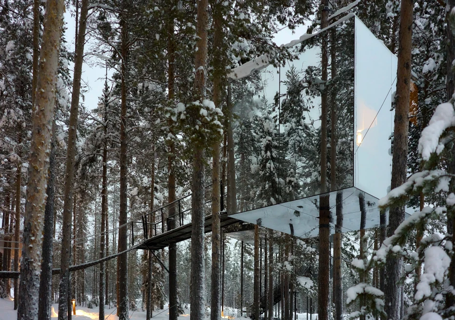 treehouses covered in snow