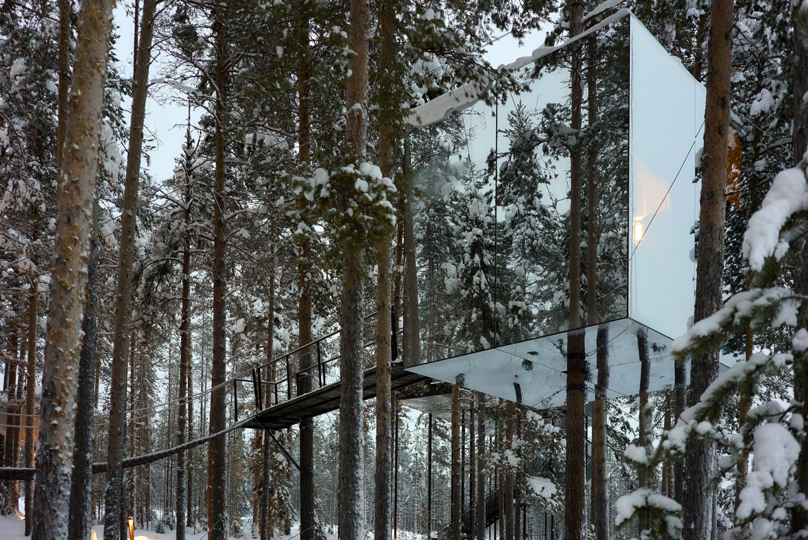 treehouses covered in snow