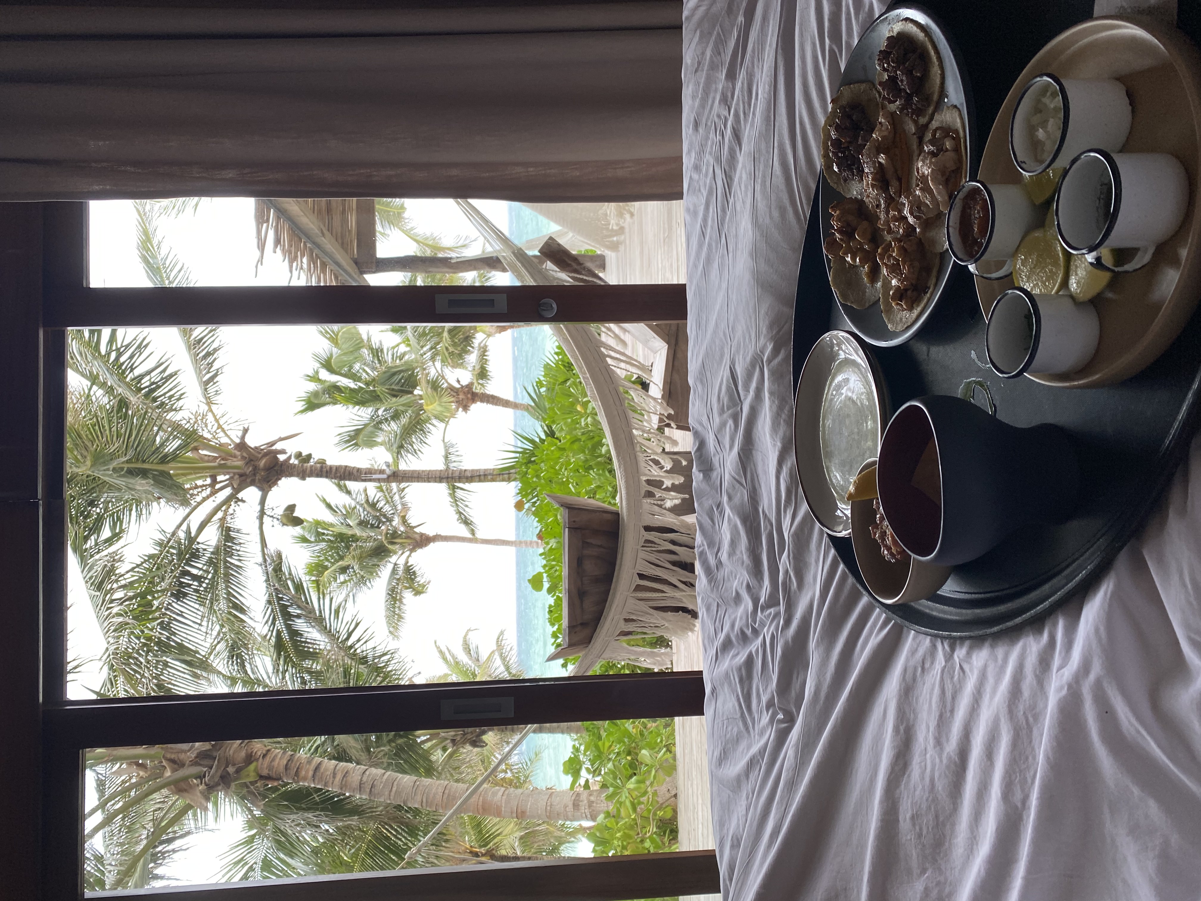 Breakfast and window view in the hotel room