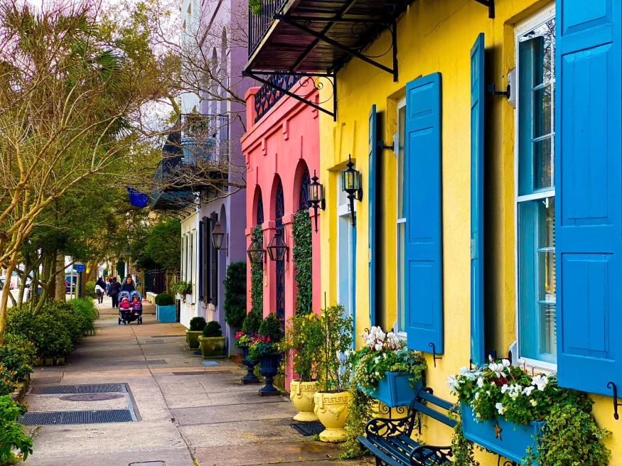 charming bright yellow, pink and purple houses line a suburban street with flowers boxes 