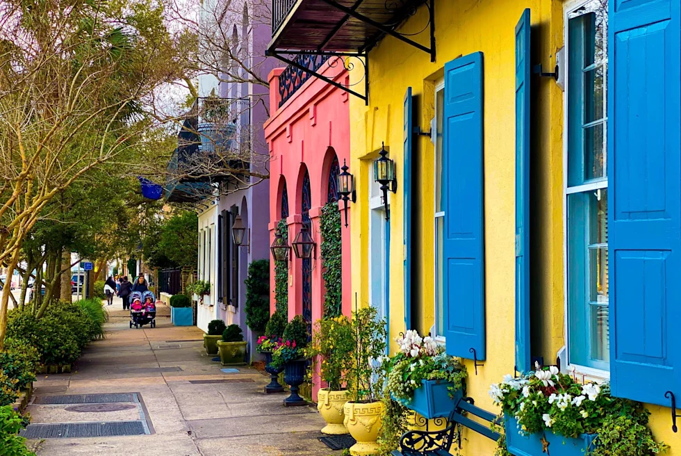 charming bright yellow, pink and purple houses line a suburban street with flowers boxes