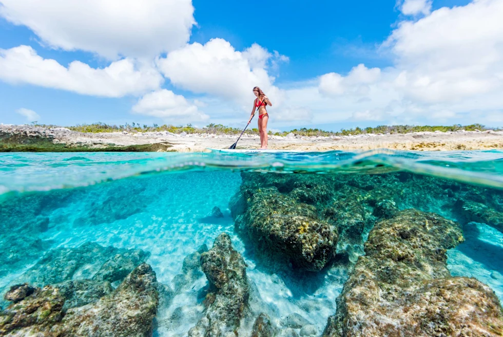 A girl in a red swimsuit paddle-boarding over a blue sea.