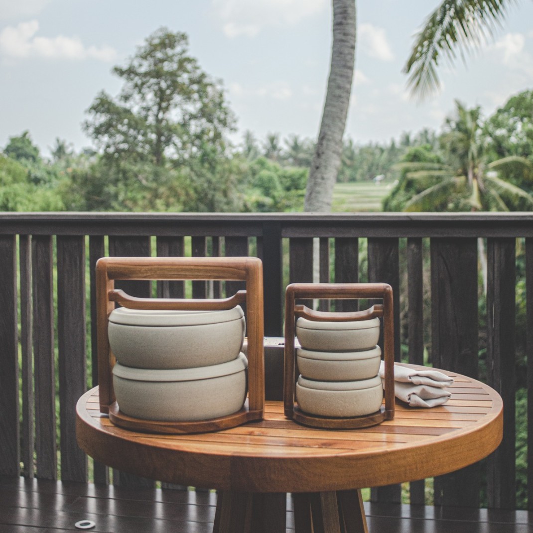 bento box meal on a tropical terrace