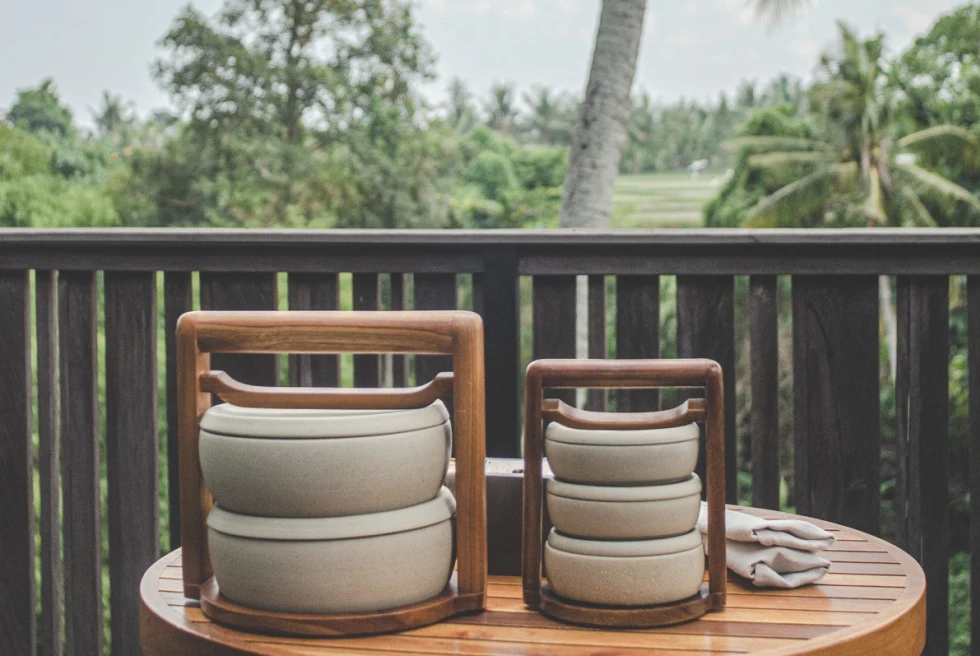 bento box meal on a tropical terrace