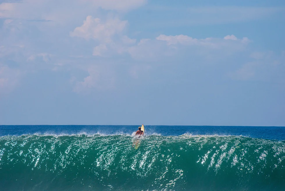 a surfer rides over a tall wave on a clear sunny day