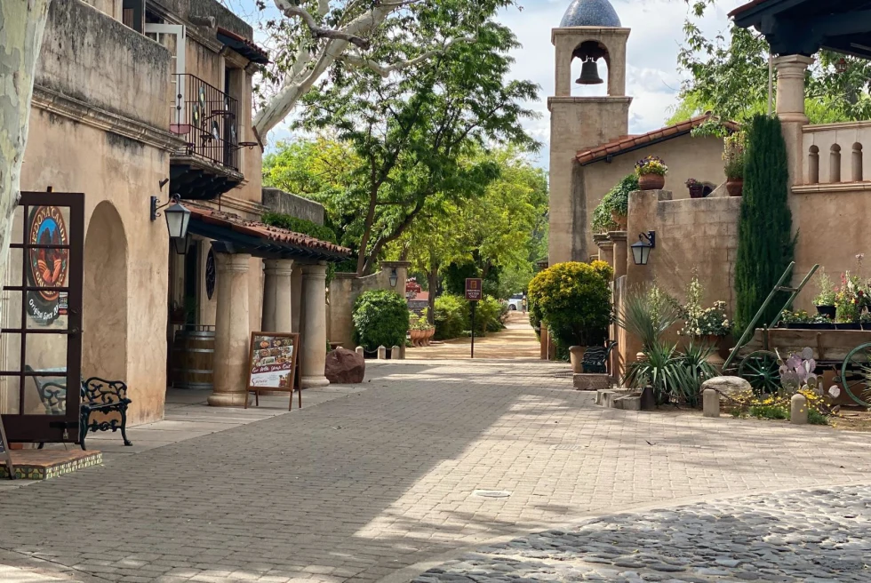 small village plaza shaded by trees