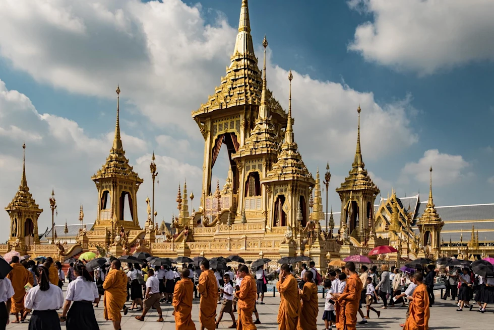 a grand palace with many steeples on a sunny day