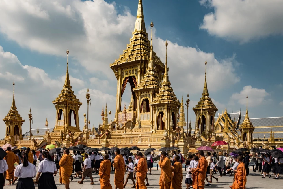 a grand palace with many steeples on a sunny day 