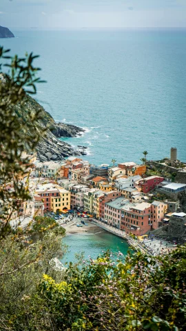 View from the hiking trail from Monterosso to Vernazza in Cinque Terre Italy.