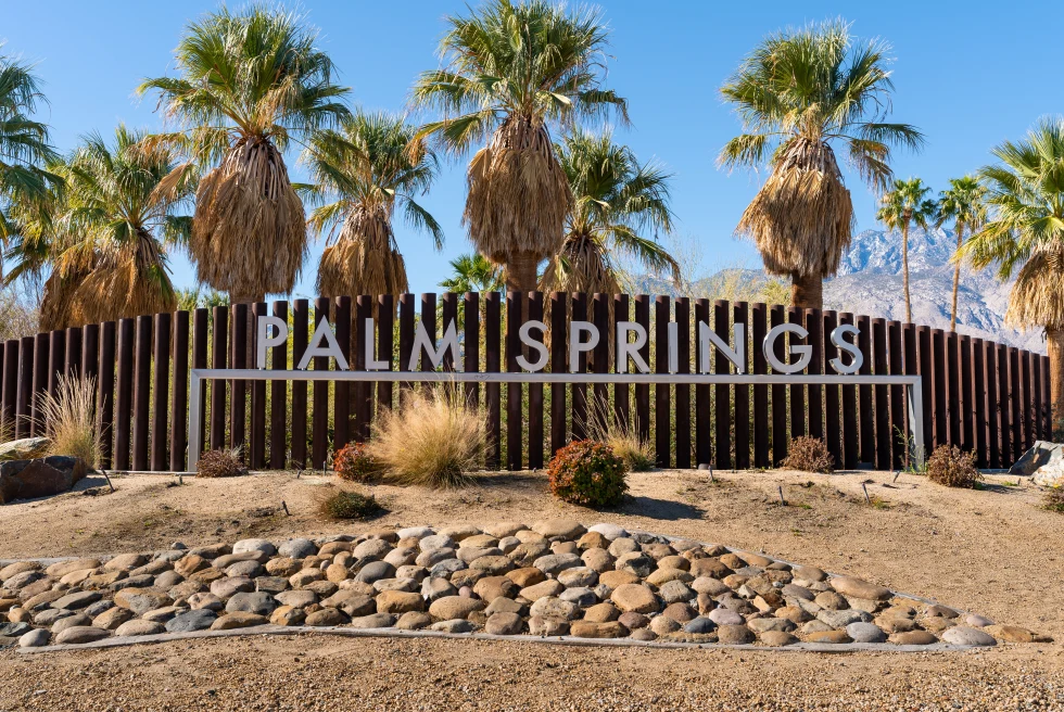 A Palm Springs sign flanked by palm trees.