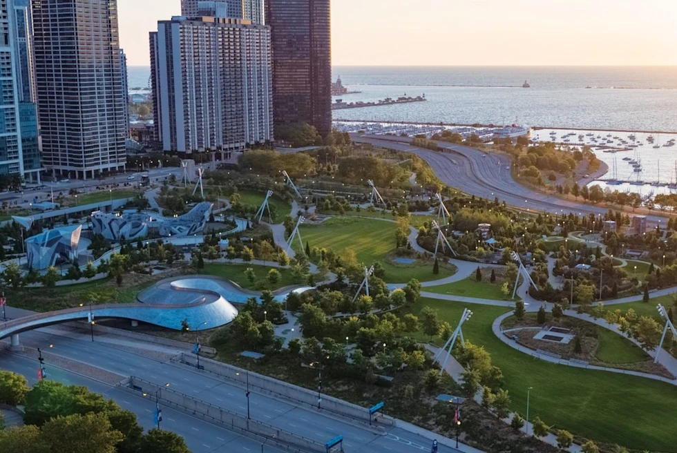 Aerial view over a green park in Chicago.