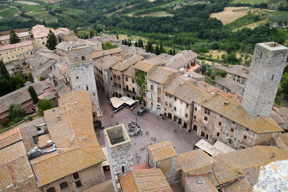 Views of rooftops in the village of San Gimignano. 