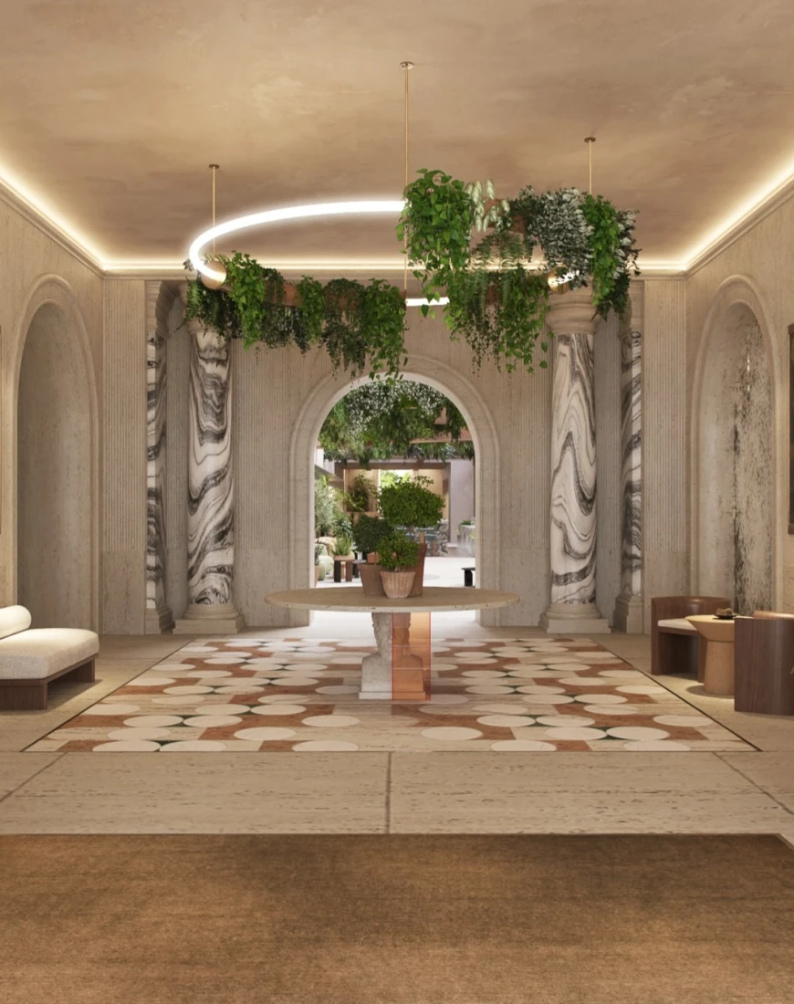 Italian entryway with marble pillars and green plants