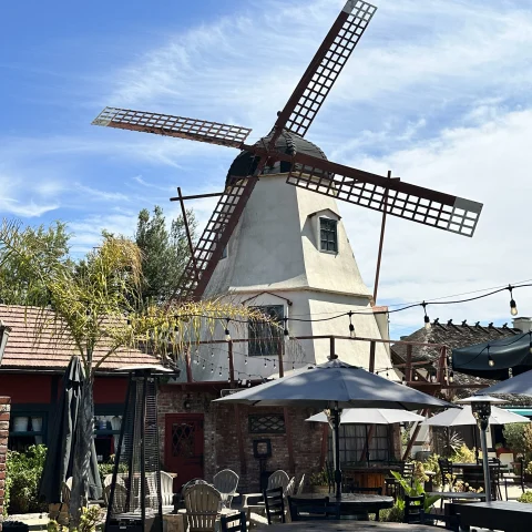 A windmill behind an outdoor patio with umbrellas, tables, chairs and string lights, as well as various plants. 