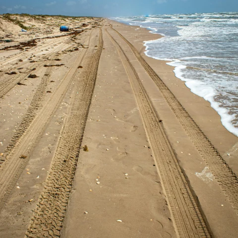 A picture of vehicle tires on seashore in the daytime on the beach. The ocean waves are rolling in on the right. 