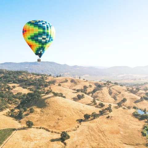 Hot air balloon with dry landscape at the back.