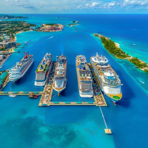 Aerial photography of white and blue cruise ships during daytime
