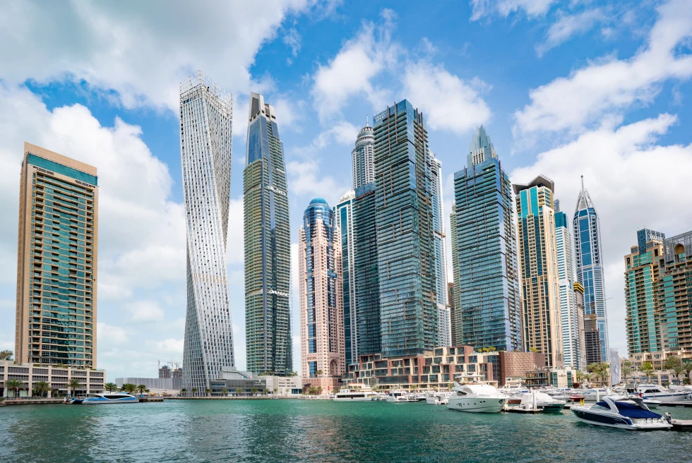 View of buildings on the water in Dubai