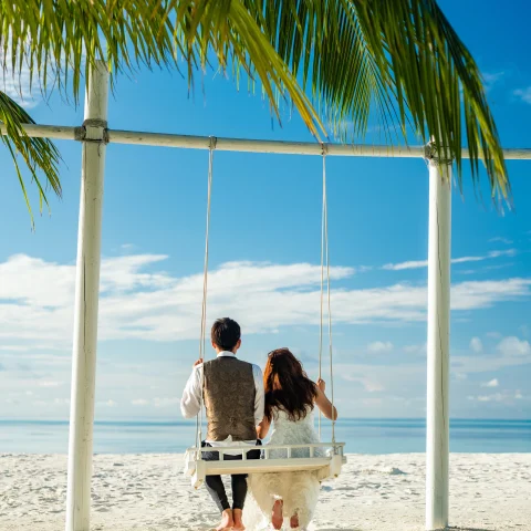 A couple sitting on a swing on a tropical beach. 