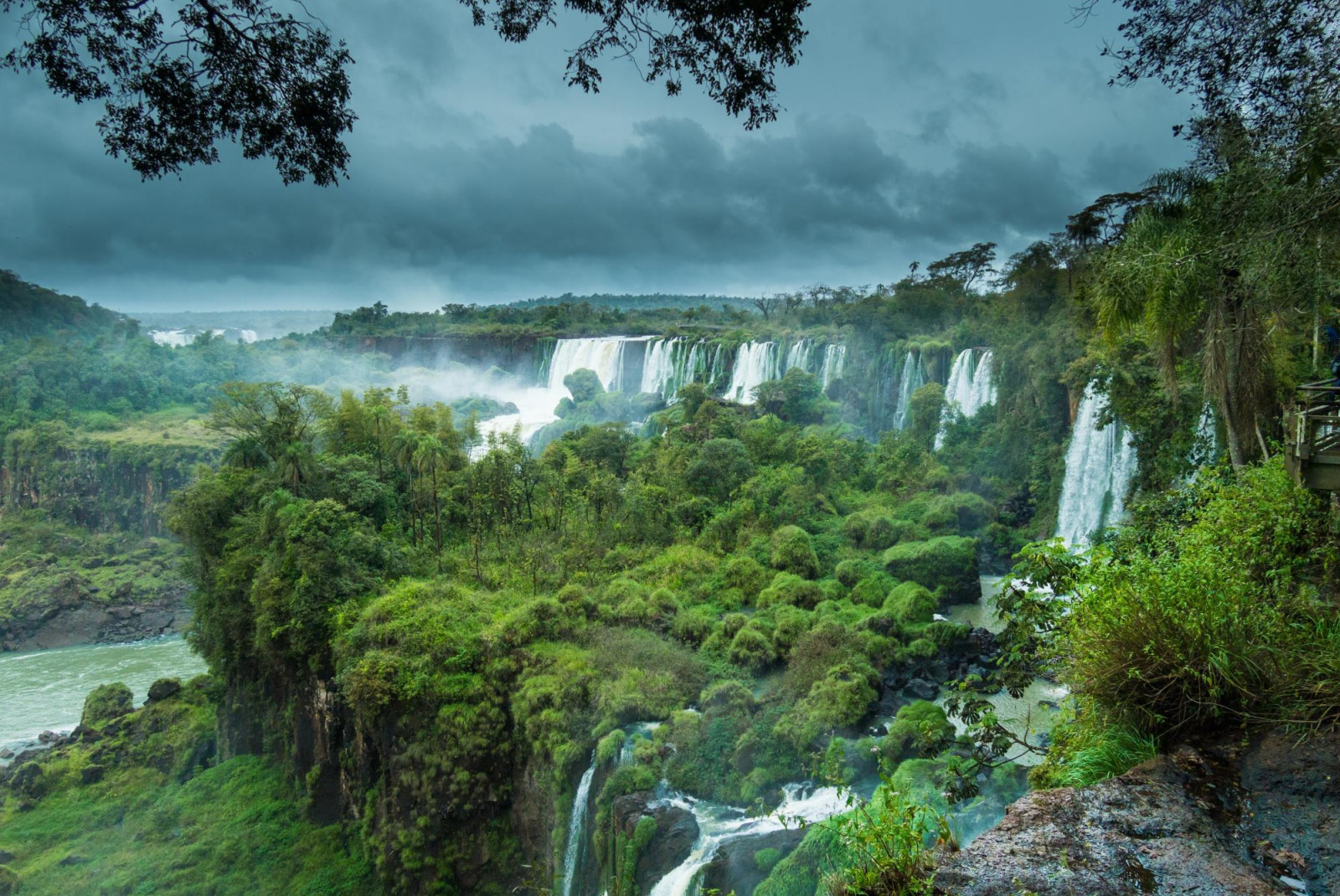 Waterfalls draping over lush jungle canyon with trees in Iguazu Falls, Argentina.