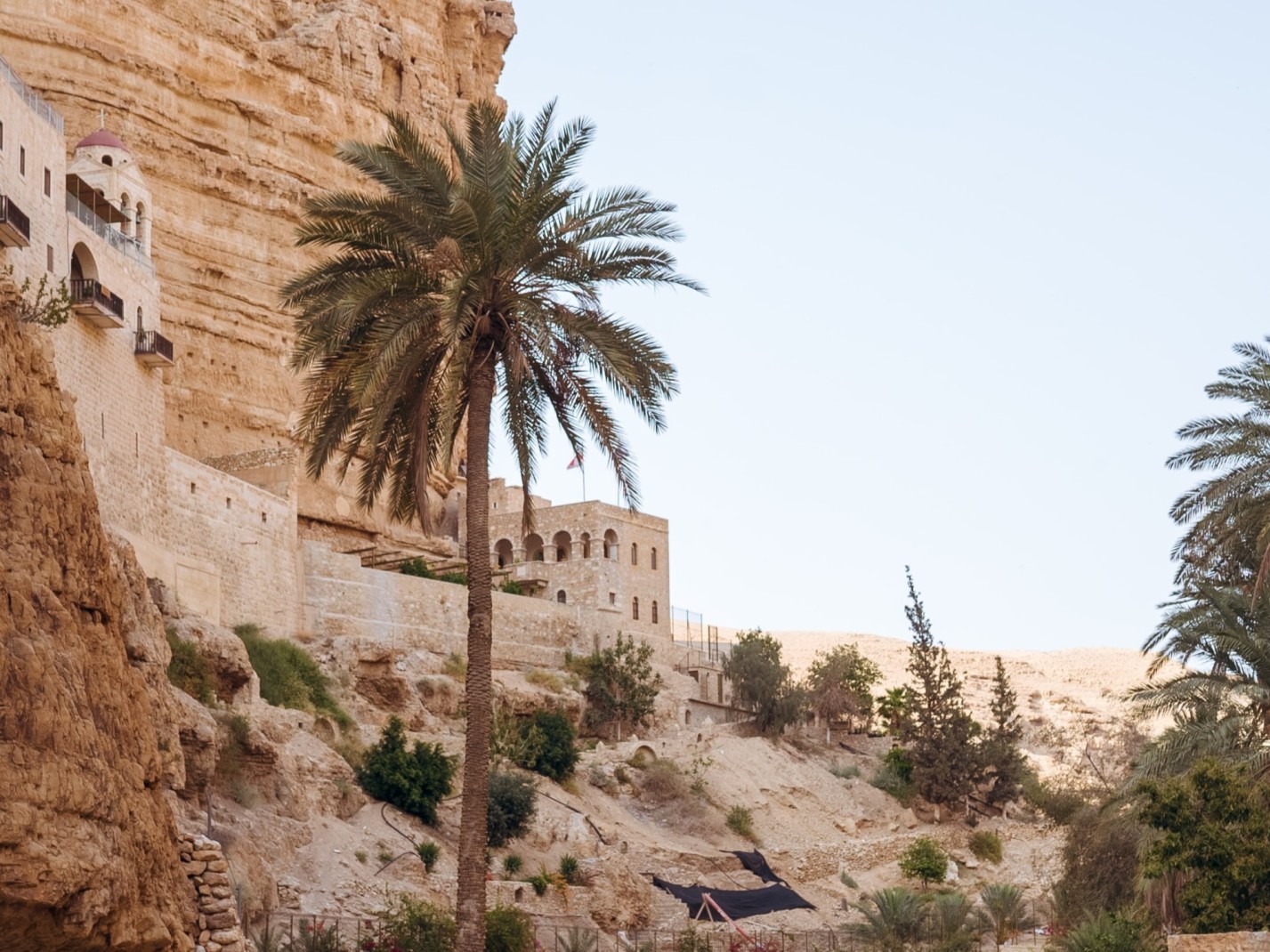 Ancient desert city, Jericho, made of limestone with palm trees on a clear day.