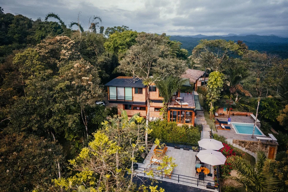 aerial view of a hotel property in the jungle