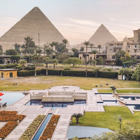 Egypt's Great Pyramids in a sandy desert
