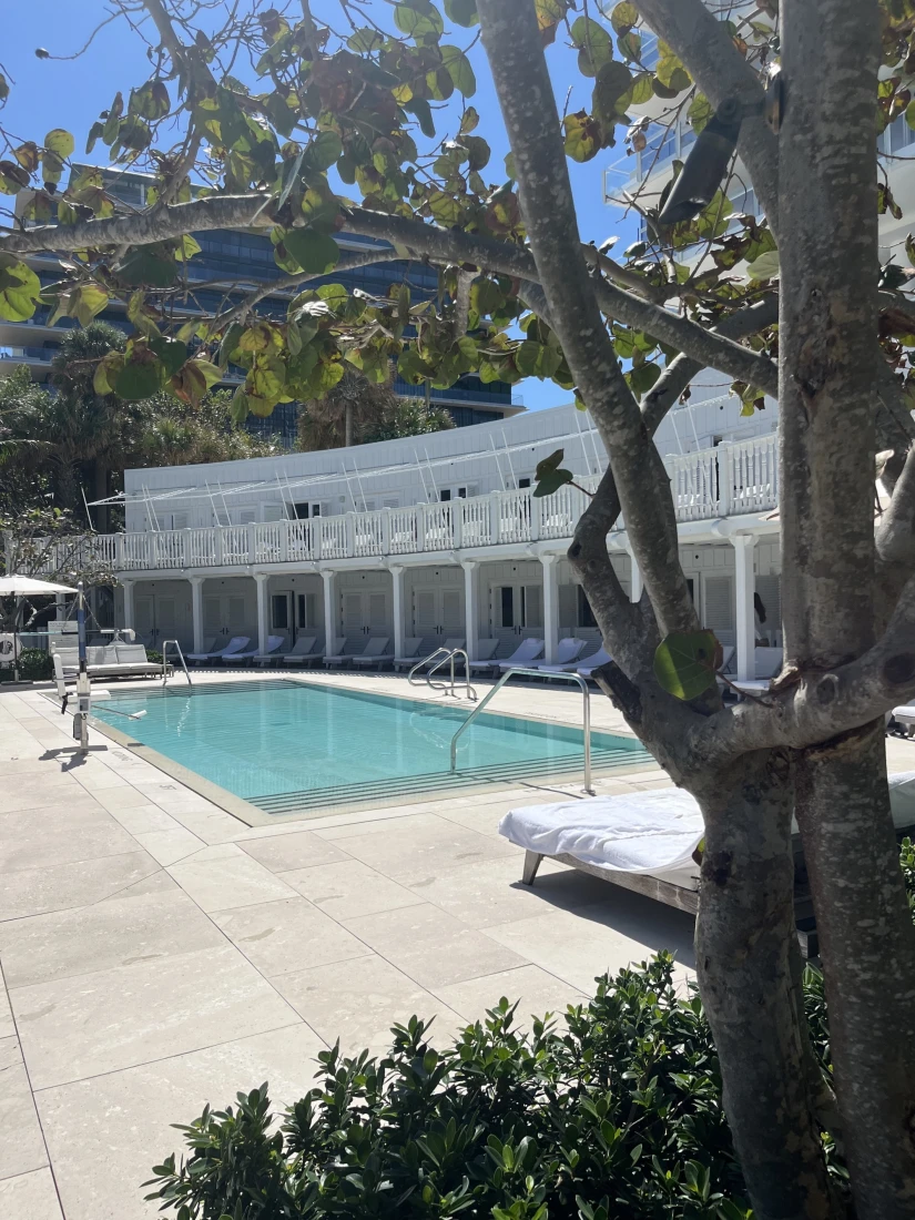 A swimming pool behind a tree in the forefront. There is a white lounge area to the right of the swimming pool covering various lounge chairs. 