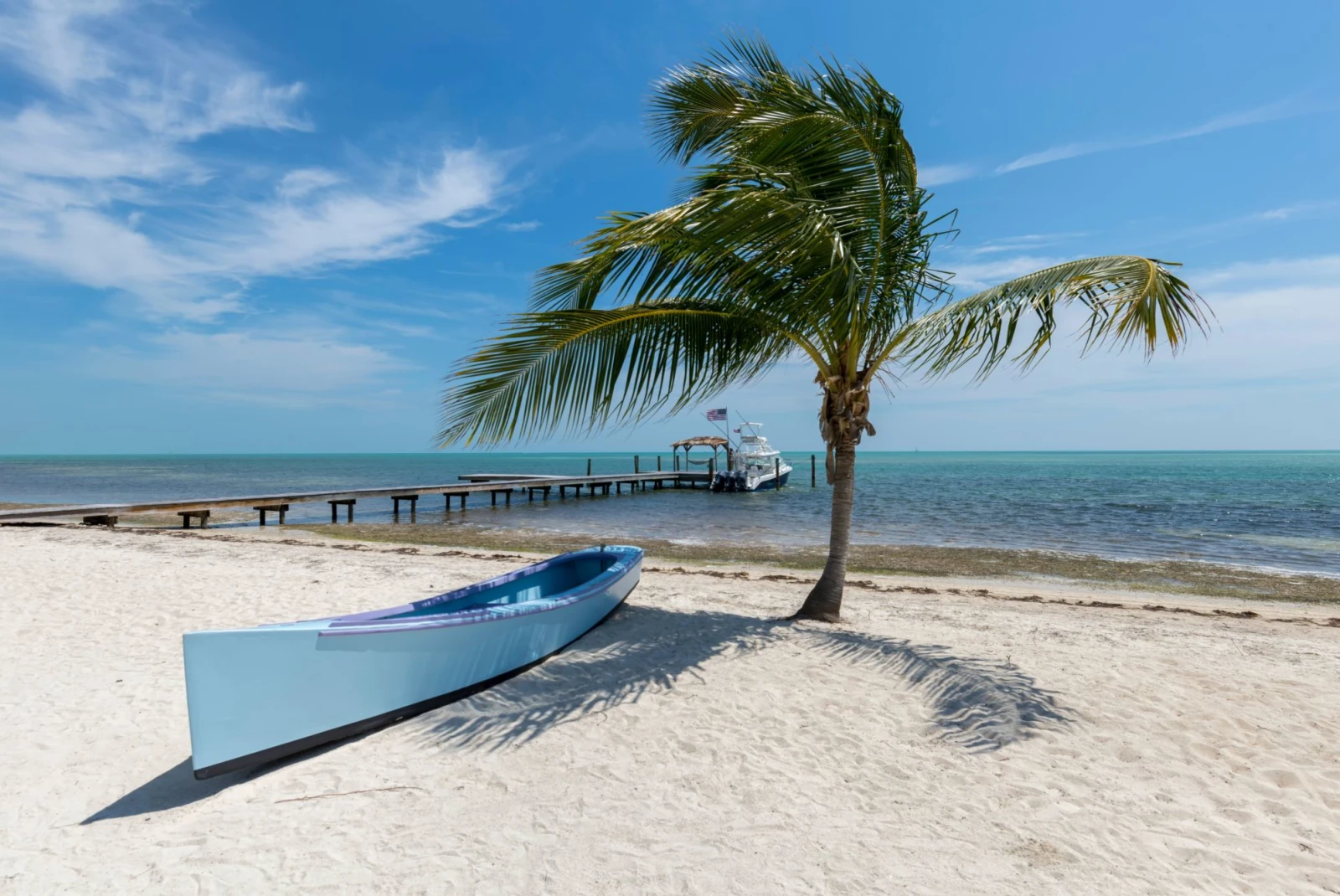 a beach with a palm tree, boardwalk dock and blue boat on white sand
