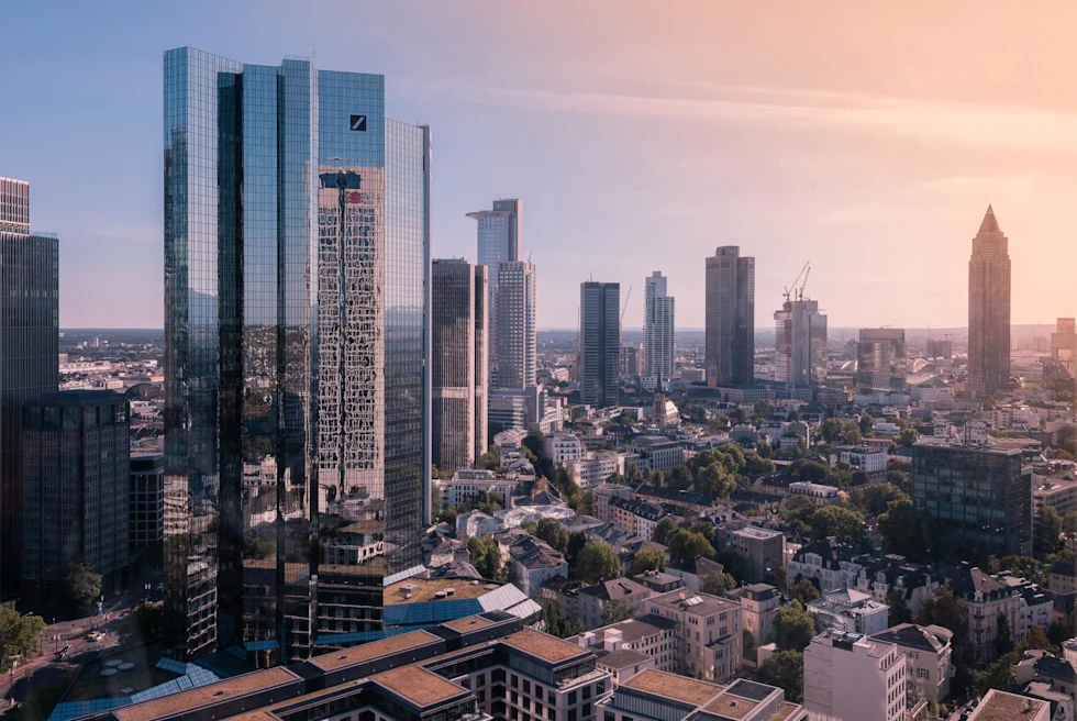 Cityscape of modern skyscrapers in Frankfurt, Germany.