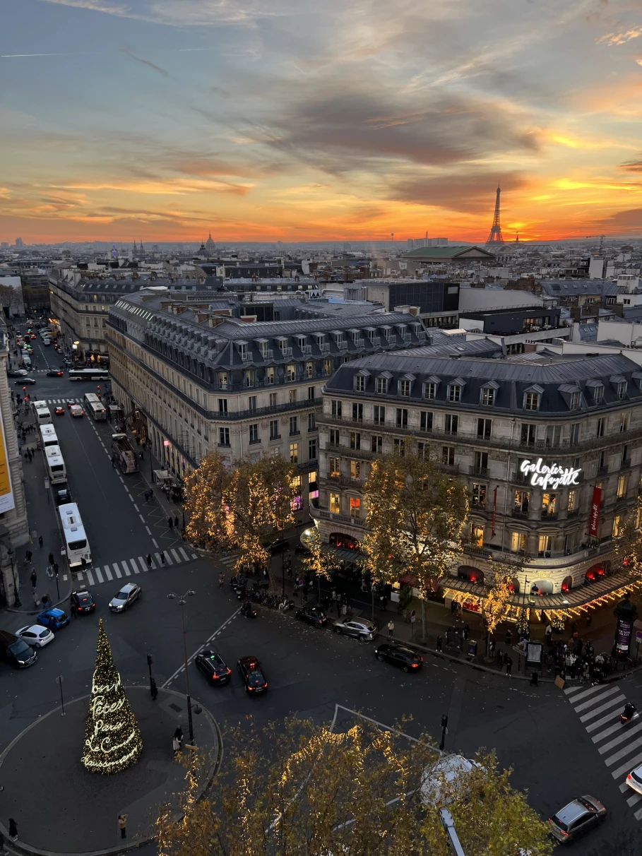 Aerial view of the city near sunset on a Paris 4–day itinerary.
