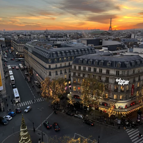Aerial view of the city near sunset on a Paris 4–day itinerary.