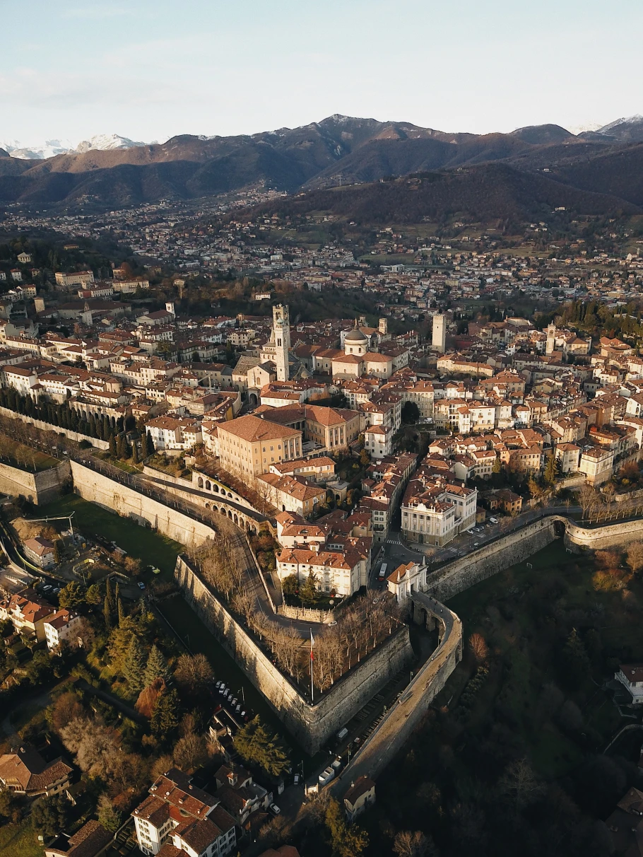 Bird's eye view of the old town of Bergamo.