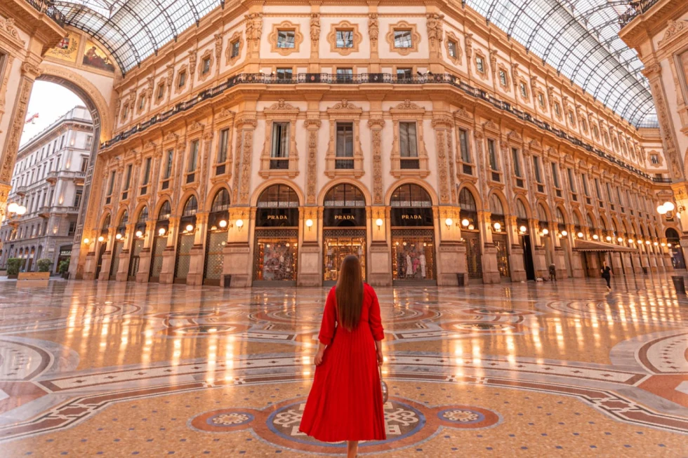 Girl in a red coat in Milan. 