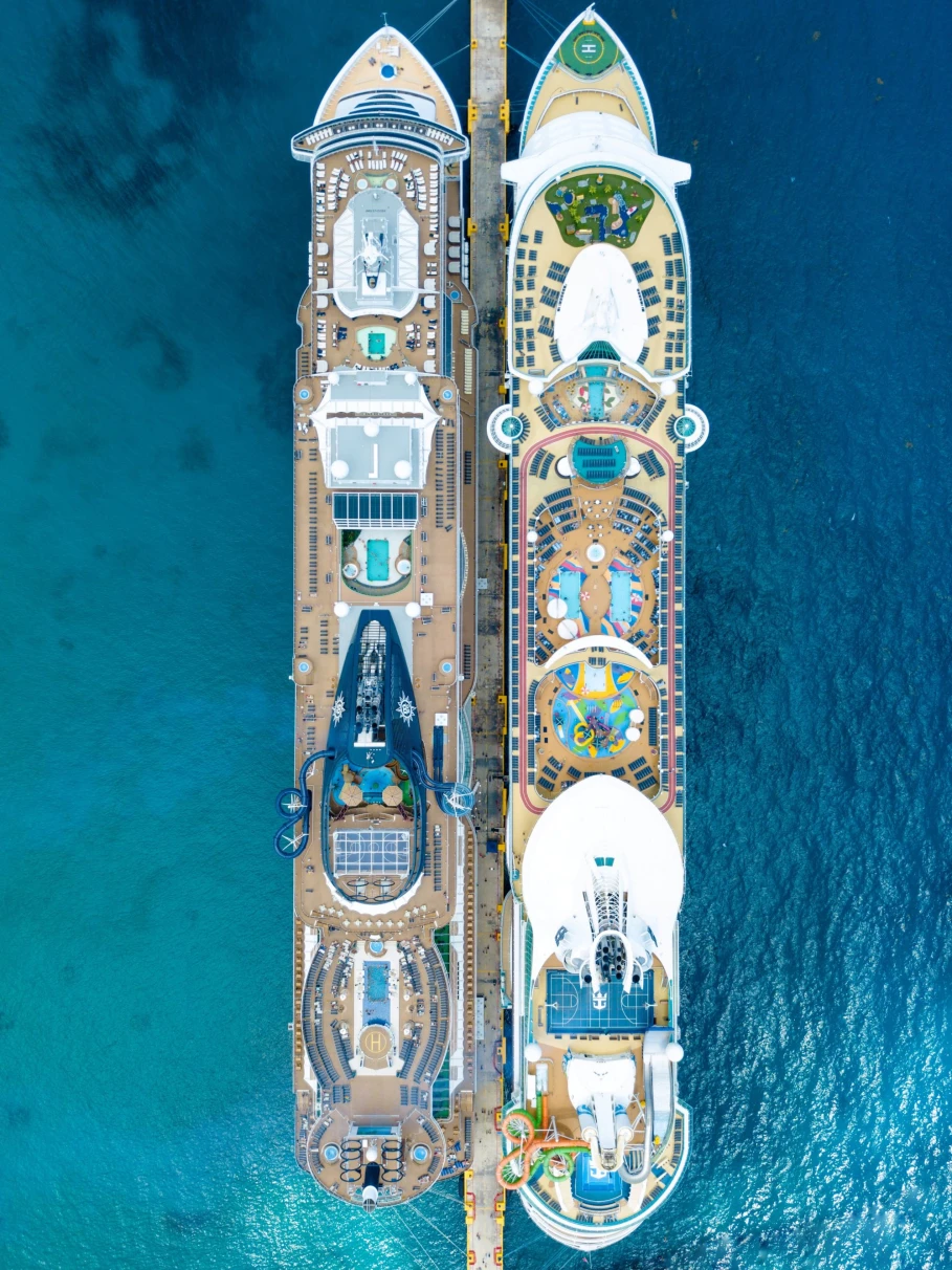 An aerial view of the two white cruise ships