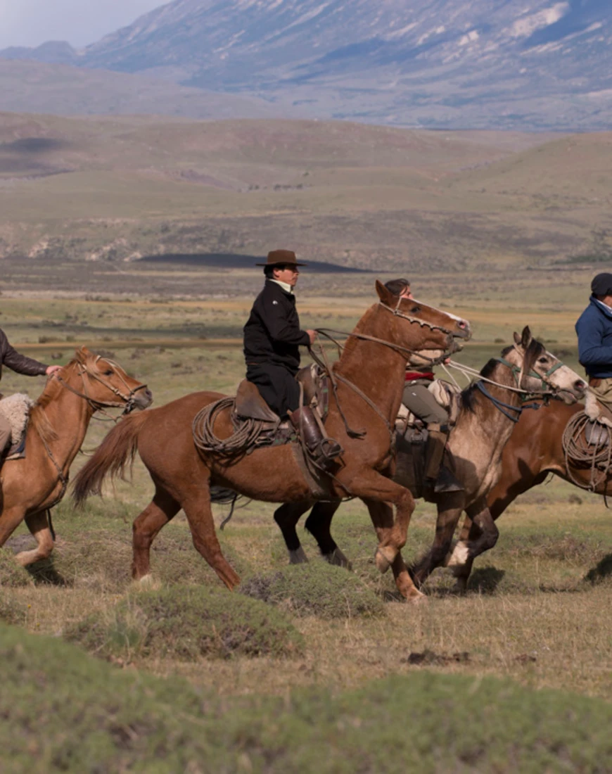 four horses and riders in a valley with mountains in the background